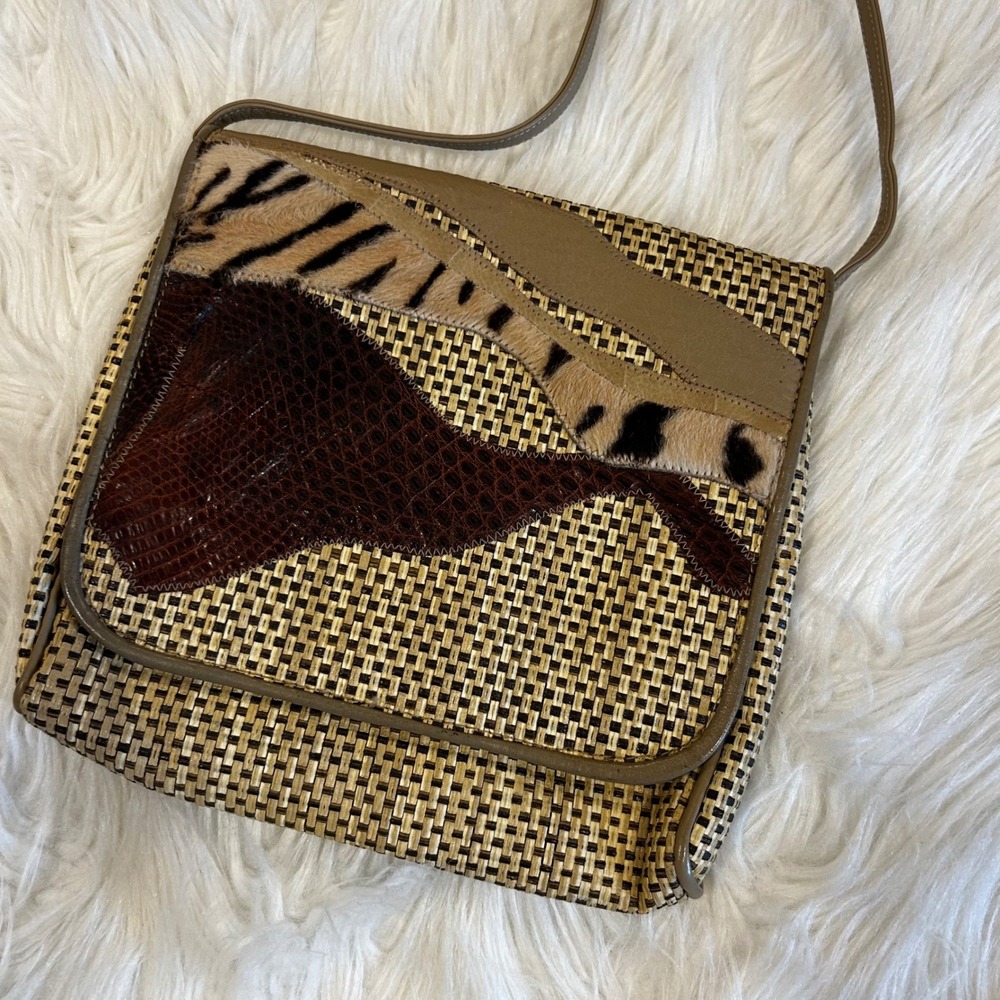 Carlos Falchi Vintage Mixed Animal Print Patchwork Woven Leather Crossbody Bag - Picture 2 of 9